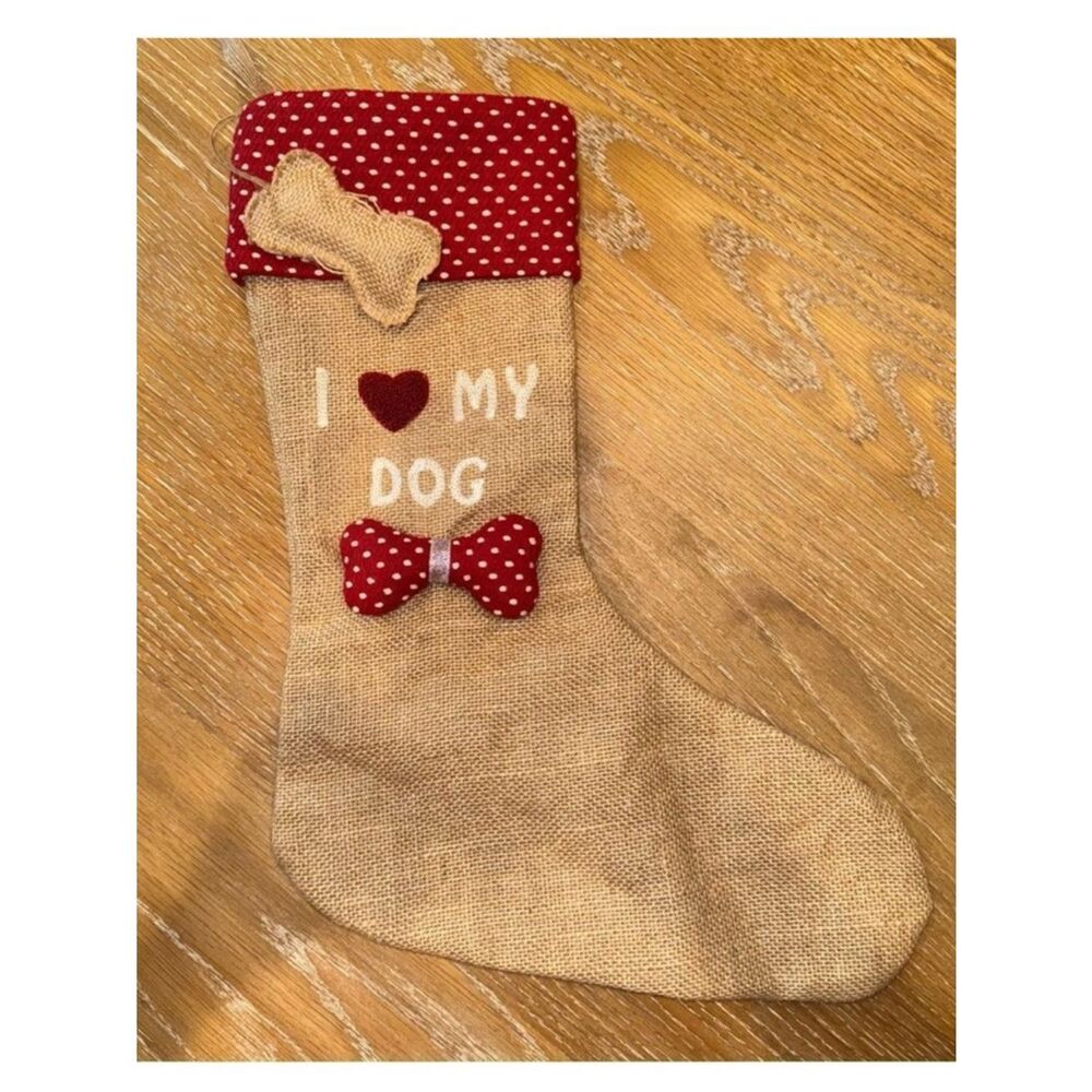 Christmas Burlap Stocking I LOVE MY DOG